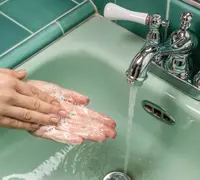 person washing hands in a green sink